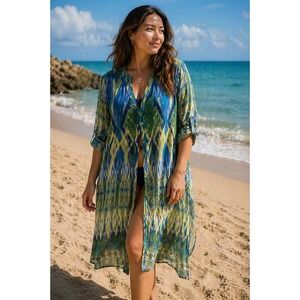 Chicos Coverup/Top Button Front Sheer Roll Tab Sleeve Size 2 L